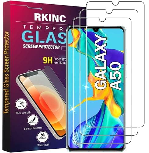 Image of RKINC Pack of 3 Tempered Glass Screen Protector for Samsung Galaxy A50 (SM-A505F), A50s, HD Screen Protector, 0.33 mm Scratch-Resistant, Shatter-Free, Bubble-Free