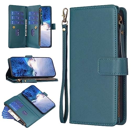 Image of Motorola Moto E13 4G Case, Book Flip Folio Zipper Premium Wallet Phone Case Shockproof PU Leather with Card Holders RFID-Technology Kickstand Magnet Protective Cover for Motorola Moto E13 4G, green