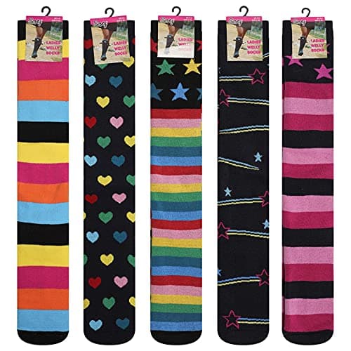 Image of Soxy Ladies Design Wellington Boot Socks - 5 Pack - Women's Welly Socks - Festival Walking Hiking Thermal Socks - Assorted Patterns - UK Shoe Size 4-6