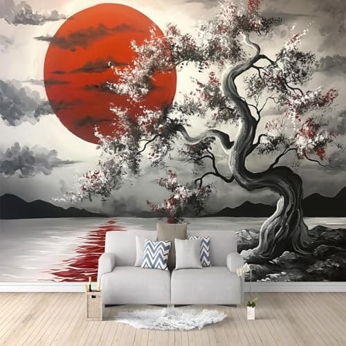Image of Grey wall Wallpaper Mural Japanese Style Cherry Blossom Trees Patterned Premium Non-Woven Wallpaper Mural for Bedroom livingroom Wall Modern 200 x 140 cm Art Print Mural Wallpaper