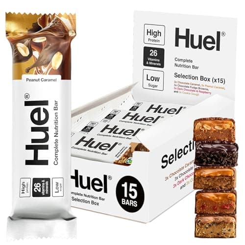 Image of Huel Complete Nutrition Bar, 15 x 55g Bars, Selection Box, High Protein Bar, Plant-Based Protein Bars, Low Sugar, High Fibre, High-Protein Snack with Vegan Chocolate, Under 210 Calories