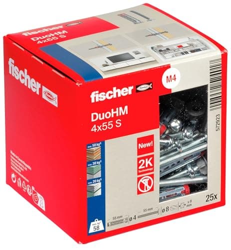 Image of fischer DuoHM 4 x 55 S TX Cavity Dowels with Metric Panhead Screw and TX Drive for Fixing TV Brackets, Lights, Wall Shelves, etc. in Panel Building Materials, Pack of 25