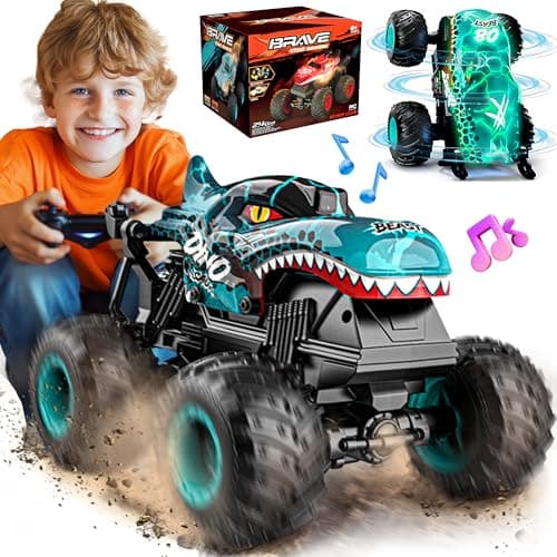 Image of BEZGAR MonsterTruck Toys - Monster Truck Remote Control Car with Light & Music, Dinosaur Toys for Boys, RC Truck with 360° Spin & Rotating, Remote Control Car for Kids age 3 4 5 6 7 8+, Cyan Blue