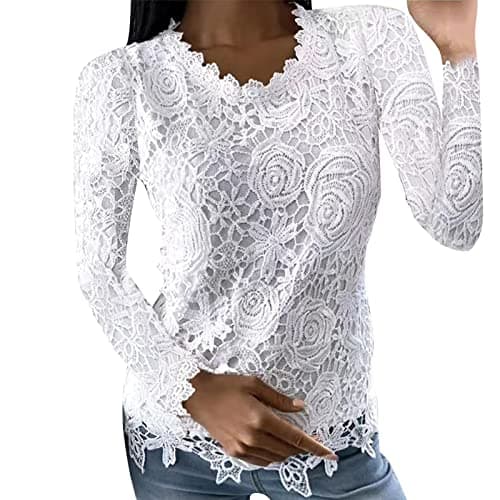 Image of White Lace Tops for Women UK - Ladies Blouses Going Out Elegant 2026 Summer Floral Lace Eyelet Shirts Crew Neck Ruffle Long Sleeve Plain Tee Shirts Casual Party Tunic Tops