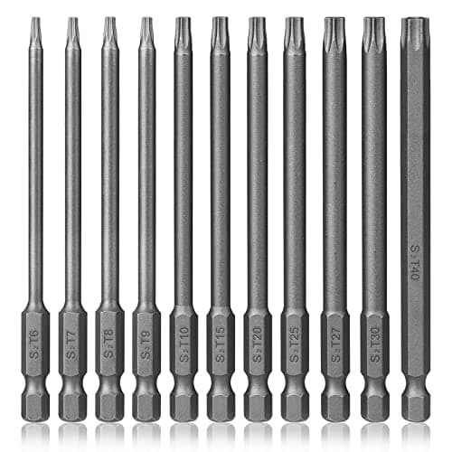 Image of Torx Bit Set Hakkin 11Pcs 100mm Long Torx Bits Tamper Proof Security Torx Bits Set 1/4” Hex Shank S2 Steel Magnetic Torx Screwdriver Bit Sets T6-T40 for Impact Driver Hand Tools