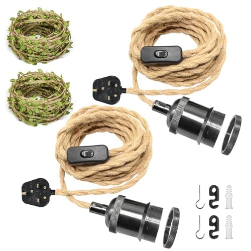 Image of ZRLXFM 2 Pack E27 Vintage Hanging Lights with Plug in Cable, Metal Lamp Holders with 5.1M Hemp Rope Cord, DIY Pendant Lamp Kit Ceiling Hanging Lighting Fixture with 5M Green Leaf Decorative Rope