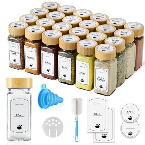 Image of ToughHub 24 Pcs Glass Spice Jars with Bamboo Lids - 4 Oz Airtight Spice Containers with Shaker Lids, 96 Pre-Printed English Labels, Silicone Funnel & Cleaning Brush – Spice Bottles for Home Kitchen
