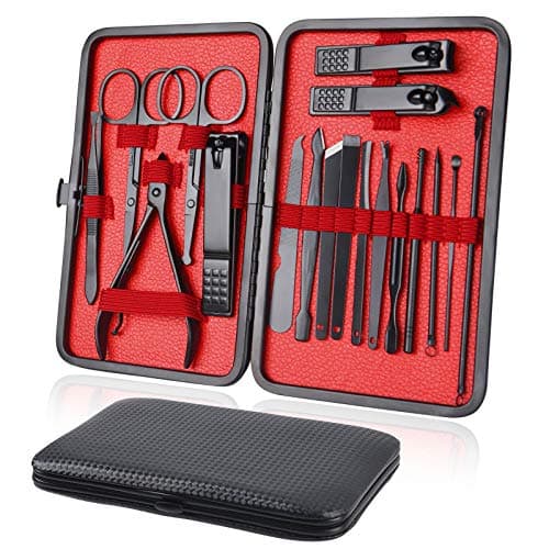 Image of URAQT Professional Manicure Set, 18 pcs Portable Nail Clippers Pedicure Set & Eyebrow Grooming Kit, Stainless Steel Nail Care Tools with Luxurious Leather Case