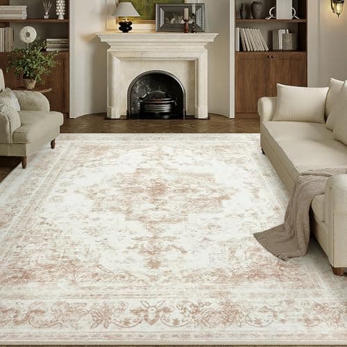 Image of HUGEAR Vintage Cream Rugs Living Room Washable Non Slip Large Area Rug 240x300cm Bedroom Kitchen Hall Lounge Office Dining Room Indoor Carpet Low Pile Big Carpets
