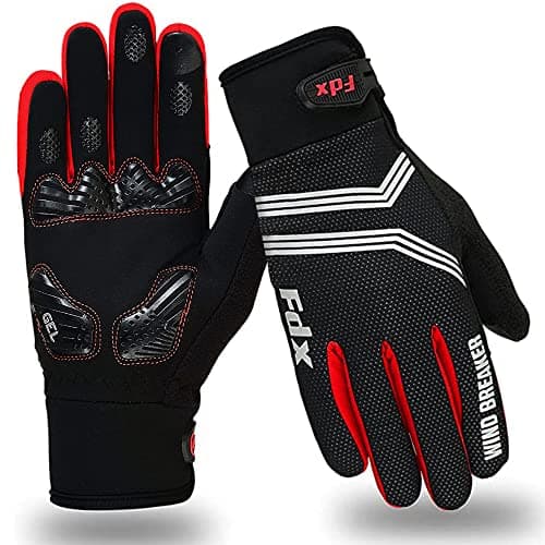 Image of FDX Full Finger Winter Cycling Gloves - Warm Windproof, Mountain Bike Gloves Anti-Slip Padded Palm, Touchscreen, Breathable, Water Resistant MTB Racing and Running Mitts for Men Women (Red, XL)