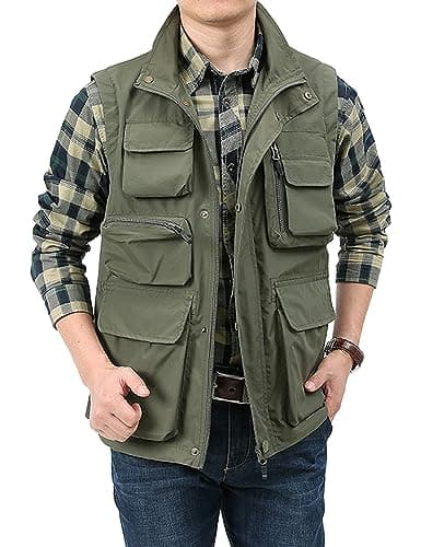 Image of Sukany Men's Casual Lightweight Utility Vest Outdoor Fishing Safari Gilet Cargo Shooting Travel Waistcoat with Pockets Army Green XL