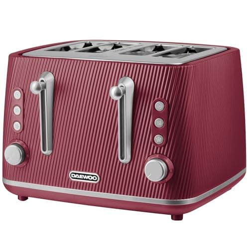 Image of Daewoo Cascade 4 Slice Toaster – Ruby Ribbed Finish, Dual Independent Controls, Adjustable Browning, Cancel, Reheat & Defrost Functions, Removable Crumb Trays