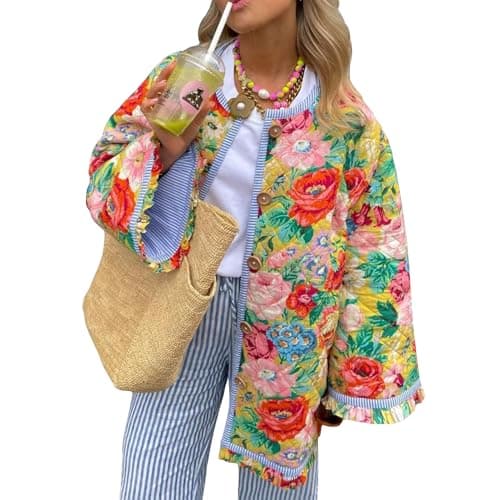 Image of PDYLZWZY Women's Cropped Puffer Quilted Jacket Lightweight Floral Print Short Padded Coat Open Front Cardigan Outwear (Colorful, M)
