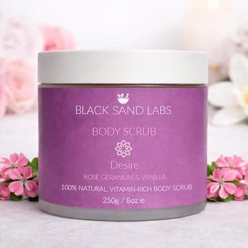 Image of Black Sand Labs Dead Sea Salt Scrub – Natural Exfoliating Body Scrub with Coconut, Jojoba & Essential Oils – Moisturizing Body, Foot & Hand Scrub – Parfume & Dye-Free – 250g (Rose Geranium & Vanilla)