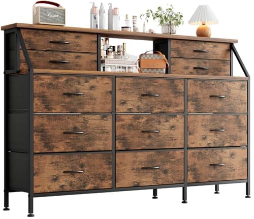 Image of MUTUN Dresser for Bedroom with 13 Drawers, 55” Wide Chest of Drawers, Fabric Dresser with 2 Wooden Shelves, Storage Organizer Unit with Fabric Bins for Bedroom, Living Room, Hallway, Rustic Brown