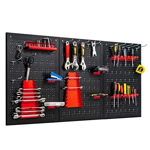 Image of COSTWAY 120x60x2.5cm Tool Pegboard, 28Pcs Garage Wall Rack Drill Bit Storage Rack, Wrench Set Racks, Holders, Long Racks and Short & Pegboard Hooks, Mounted Organiser, Black + Red