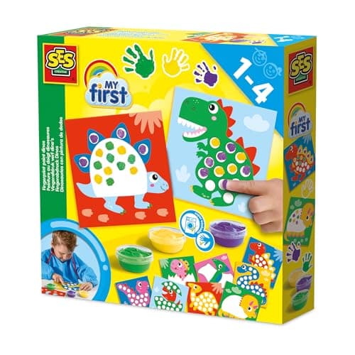 Image of SES Creative 14442 - My First - Fingerprint Paint Dinos, 10 Colouring Pages with Easily Washable Paint, Complete First time Painting Set for Children Ages 1-4