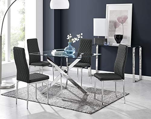 Image of Furniturebox UK Leonardo 4 Clear Glass and Chrome Metal Modern Stylish Dining Table and 4 Luxury Stylish Milan Dining Chairs Set (Dining Table + 4 Black Milan Chairs)