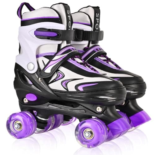 Image of Kids Roller Skates for Boys Girls Children Beginners, 4 Sizes Adjustable Kids Roller Skates for Child Toddler Ages 4-6-12 with 8 Light up Wheels (Black & Purple, M)