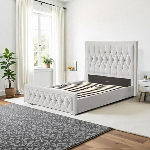 Image of King Size Silver Ottoman Bed Frame, Plush Velvet Gas Lift Storage Bed Frame with Chesterfield Headboard & Footboard