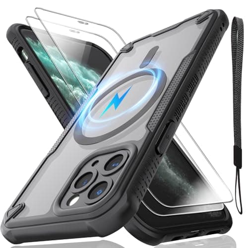 Image of for iPhone 11 Pro Case, Translucent Matte Back Compatible with Magsafe Magnetic Slim Shockproof Protective Case with Lanyard Strap and 2*9H Tempered Glass Screen Protector Phone Cover 5.8-inch-Black