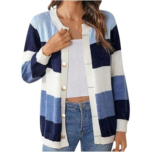 Image of Zeiayuas Cardigans for Women UK Elegant Sweater Ladies Long Sleeve Knitted Jacket Outwear Color Block Open Front Coats Knitwear Casual Loose Knitted Jumpers Jackets Slouchy Jacket
