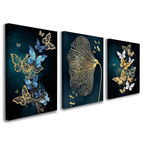 Image of Galmcook Set of 3 Framed Canvas Wall Art 12x16 Inch Each Butterfly and Leaf Painting Modern Wall Decoration for Living Room Bedroom Hallway and Stairs Artwork Wall Pictures with Hooks and Magic Tape