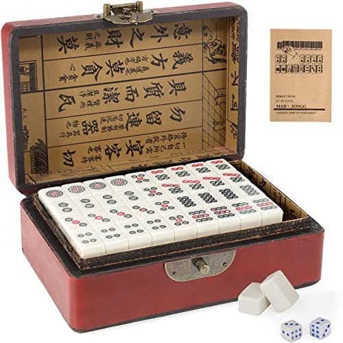 Image of Dyna-Living Mini Chinese Mahjong Set, Solid Structure Easy To Read Game, 144PCS Mahjong Tiles, 2PCS Dice & Leather Carrying Case Box, Complete Majong Set for Gathering Table Game