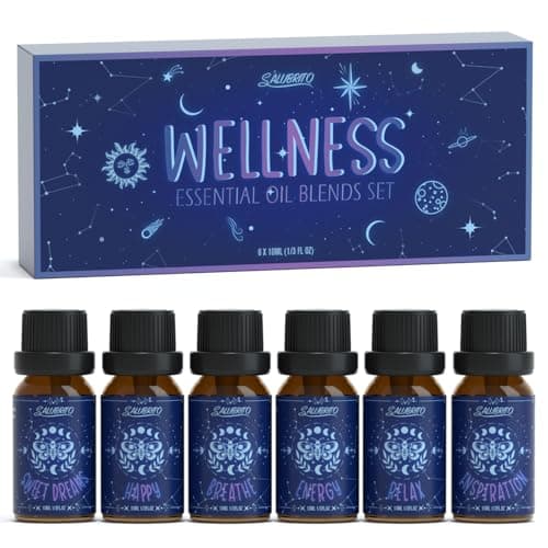 Image of SALUBRITO Wellness Essential Oil Blends Set, Aromatherapy Oil for Diffuser, Home, Wax Melts, Candle, Soap Making, Relaxation Gift for Women - Relax, Sweet Dreams, Energy, Breath, Happy, Inspiration