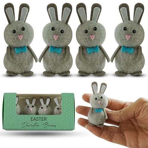 Image of HOVUK 4x Mini Grey Easter Bunnies – Rabbit Figurines for Bonnet Decorations, Spring Displays, Egg Hunts, and Party Favors – Perfect Table Decor, and Fair Trade Festive Fun Size-6.5cm