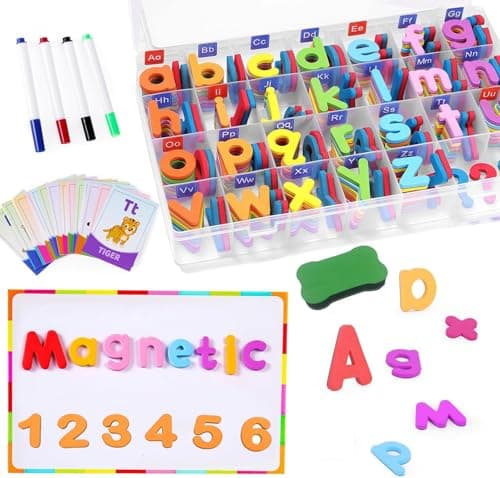 Image of Magnetic Letters & Numbers for Children - Thick Foam Fridge Magnets, 234 Letters & 10 Numbers with Magnetic Board, Storage Box, 4 Pens & Eraser | Educational Spelling & Counting Toys