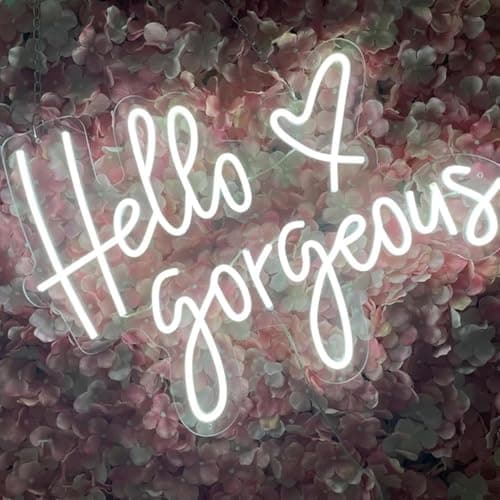 Image of HFHungkeong Hello Gorgeous Neon Sign,LED White Neon Hello Sign Decorative Art Lamp with Dimmable Switch Suitable for Home Wedding Birthday Backdrop Party,17x10In,Usb Powered(White Hello Gorgeous)