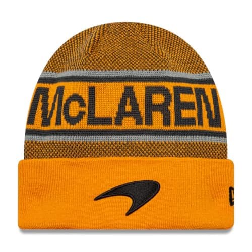 Image of New Era McLaren F1 Official Winter Beanie Hat, Orange and Black, 2025 Team Collection