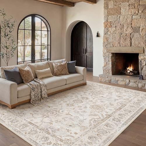 Image of PureCozy Vintage Living Room Area Rug, 200x300cm Machine Washable Non Slip Flower Traditional Large Cream Rugs for Bedroom Dining Room Office, Stain Resistant Printed Beige Carpet