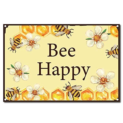 Image of CREATCABIN Metal Tin Sign Bee Happy Retro Vintage Funny Wall Decor Decoration Art Mural Hanging Iron Painting for Home Garden Bar Pub Kitchen Living Room Office Garage Poster Plaque 8 x 12inch