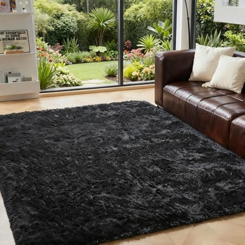 Image of OMERAI Large Rug Super Soft Fluffy Living Room Rugs Shaggy Anti Slip Carpet Comfortable Modern Black Rugs Indoor Modern Floor Carpet (Black, 150 * 240cm)