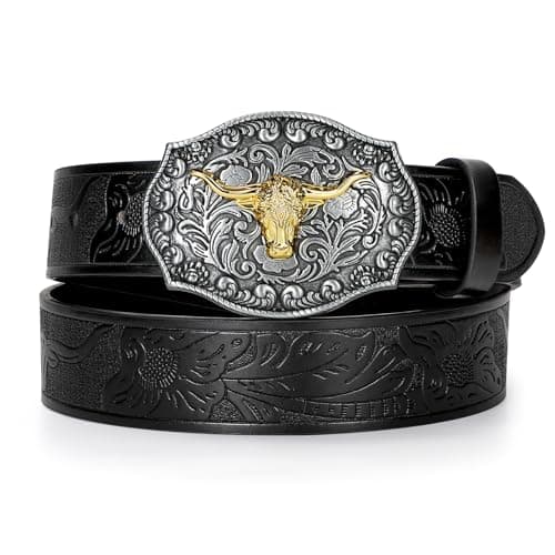 Image of JASGOOD Men Leather Western Cowboy Belt Engraved Longhorn Buckle Belt for Men Women Cowgirl Western Belt for Jeans,Black