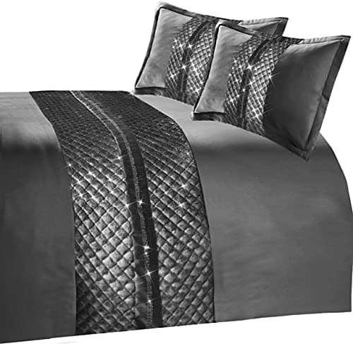 Image of LJ Kylie Diamante Embroidered Style Luxurious Duvet Cover Sets Quilt Cover Sets Bedding Sets (Single Duvet Set, Kylie Charcoal)