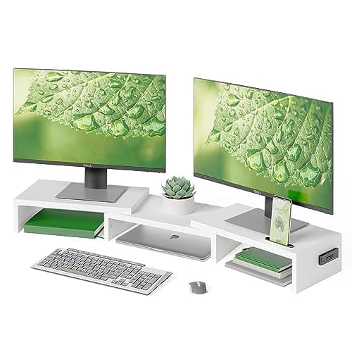 Image of BONTEC Dual Monitor Stand Riser, Adjustable Length & Angle, Ergonomic Desk Organizer with Smartphone Holder, Extra Storage & Cable Management, Wooden Monitor Riser for Laptop, Printer & Monitor, White