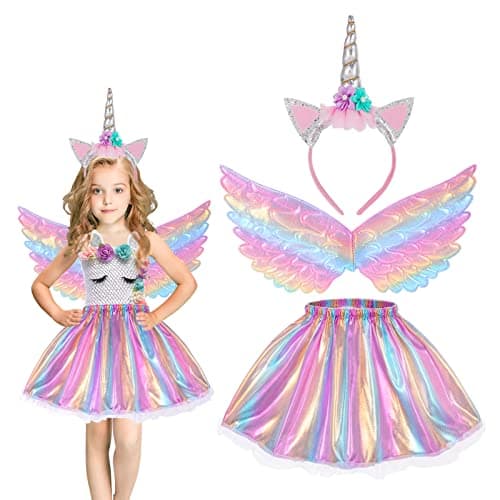 Image of Hifot Unicorn Costume Kids Tutu Skirt for Girls with Unicorn Wings Unicorn Headband Unicorn Dress Princess Dress up for Birthday Outfit Christmas Halloween Costume