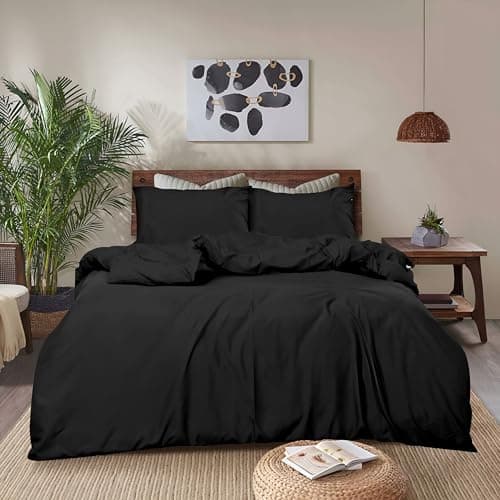 Image of REHAN & CO Single Duvet Cover Sets – Soft Brushed Microfiber Bedding – Plain Quilt Cover With Pillow Cases (Black)