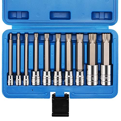 Image of CASOMAN 10 Piece Spline Tip Bit Socket Set, M-Type, S2 and Cr-V Steel, Extra Long 4'' Length, M4-M18, XZN Triple Square Spline Bit Socket Set