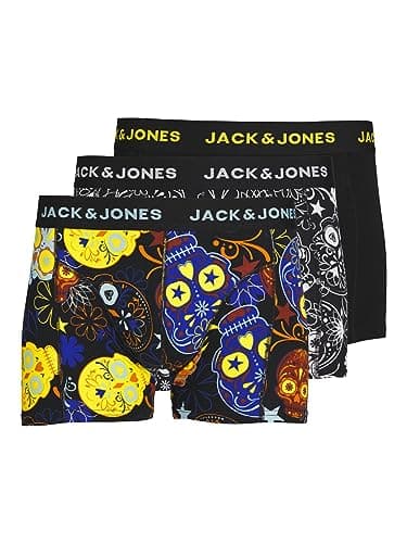 Image of Jack & Jones Men's Jacjames Trunks 3 Pack Noos Boxer Shorts, Black/Detail: Black - Blazing Yellow., M UK
