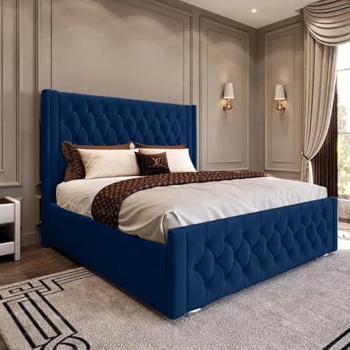 Image of AL SULTAN 3FT Single Luxury Chesterfield Winged Bed With Headboard Upholstered In Plush Velvet Blue Bed Wooden Slats - No Mattress - No Storage (Blue Plush, 3FT Single Bed Frame Only)