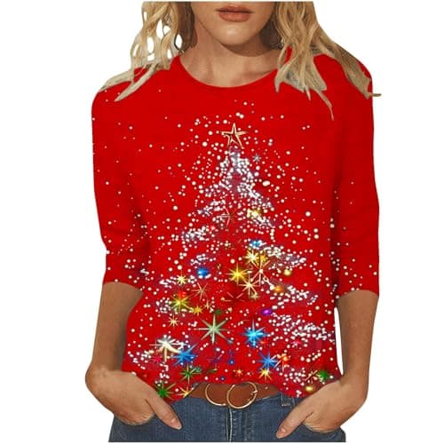 Image of RLEHJN Christmas T Shirts Women Light Up Christmas Tree Printed Tops Lightweight Xmas Shirts Loose Crewneck Tshirts Oversized Casual Pullovers 3/4 Sleeve Tunic Tees for Work Officce Size S-5XL Red