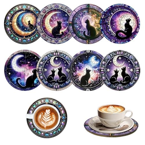 Image of 8PCS Cat and Moon Coasters Wooden Set, Decorative Wooden Coasters with Moon Motif and Feline Silhouette, Drink Coaster Cat Gifts for Cats Lovers, Cute Coffee Coaster for Home Decor
