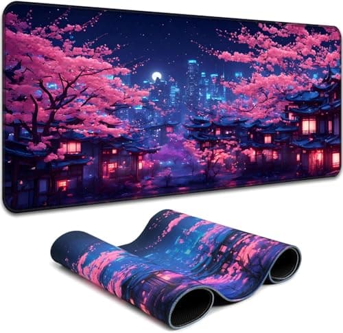 Image of Simpkeely Fantasy Night City Gaming Mouse Pad, Blacklight Japanese Residential Buildings Landscape Neon Large Waterproof UV Reactive Non-Slip Rubber Base Mousemat for Office Home - 80 x 30 cm