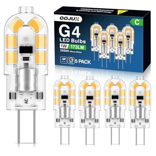 Image of QOJUX G4 LED Bulbs, 1W 173LM Class C Warm White 3000K, Equivalent to 20W Halogen Bulb, Bi-Pin Base Energy Saving G4 Bulb, AC/DC 12V, Non-Dimmable Non Flicker, for Chandelier, Home Lighting, 5 Pack