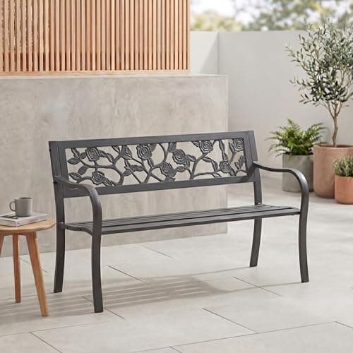 Image of Garden Vida Steel Garden Bench, Rose Design 3 Seater Outdoor Furniture Seating Park Patio Seat , Black