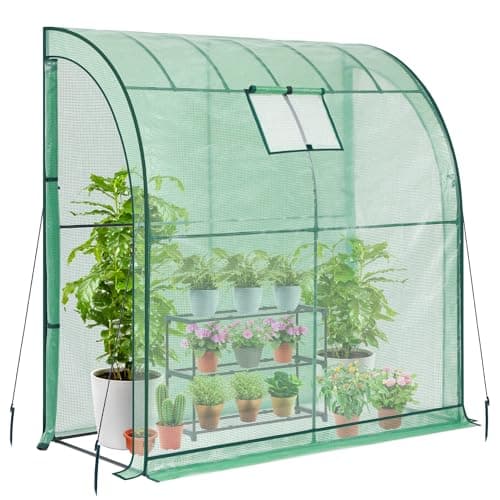 Image of Lean to Greenhouse with Free Shelving unit, Ohuhu Portable Walk-in Green House with Mesh Windows Reinforced Lean-to Greenhouses with 2 Roll-Up Zipper Doors for Indoor & Outdoor Green 200x100x210 cm
